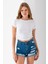 Kadın Bisiklet Yaka Yanı Stoperli Crop T-Shirt Beyaz - 25514 3