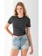 Kadın Bisiklet Yaka Çizgili Pamuklu Crop T-Shirt Siyah Beyaz - 25512 3