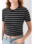 Kadın Bisiklet Yaka Çizgili Pamuklu Crop T-Shirt Siyah Beyaz - 25512 7