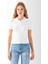 Kadın Polo Yaka Düğme Detaylı Triko Basic T-Shirt Beyaz - 4057 1