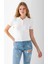 Kadın Polo Yaka Düğme Detaylı Triko Basic T-Shirt Beyaz - 4057 4
