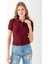 Kadın Polo Yaka Düğme Detaylı Triko Basic T-Shirt Bordo - 4057 3