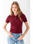 Kadın Polo Yaka Düğme Detaylı Triko Basic T-Shirt Bordo - 4057 4