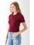 Kadın Polo Yaka Düğme Detaylı Triko Basic T-Shirt Bordo - 4057 6