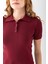 Kadın Polo Yaka Düğme Detaylı Triko Basic T-Shirt Bordo - 4057 7