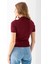 Kadın Polo Yaka Düğme Detaylı Triko Basic T-Shirt Bordo - 4057 8