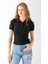 Kadın Polo Yaka Düğme Detaylı Triko Basic T-Shirt Siyah - 4057 2