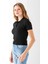 Kadın Polo Yaka Düğme Detaylı Triko Basic T-Shirt Siyah - 4057 5