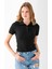 Kadın Polo Yaka Düğme Detaylı Triko Basic T-Shirt Siyah - 4057 6
