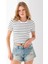 Kadın Bisiklet Yaka Çizgili Pamuklu Crop T-Shirt Beyaz Siyah - 25512 4