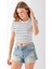 Kadın Bisiklet Yaka Çizgili Pamuklu Crop T-Shirt Beyaz Siyah - 25512 7
