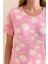 Kadın Bisiklet Yaka Kısa Kollu Çiçek Desenli Pijama Takım Pembe - 6016 5