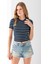 Kadın Bisiklet Yaka Çizgili Pamuklu Crop T-Shirt Lacivert Beyaz - 25512 1