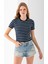 Kadın Bisiklet Yaka Çizgili Pamuklu Crop T-Shirt Lacivert Beyaz - 25512 2