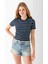 Kadın Bisiklet Yaka Çizgili Pamuklu Crop T-Shirt Lacivert Beyaz - 25512 3