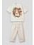 Unisex Çocuk Pamuklu Ekru Aslan Baskılı T-Shirt ve Çizgili Pantolon Takım – Cepli Yazlık Set 1