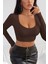 Marsilyan- Kadın Kahverengi Uzun Kol Kare Yaka Crop Top Bluz 1