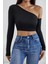 Marsilyan- Kadın Siyah Tek Omuz Detaylı Uzun Kol Crop Top Bluz 1