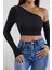Marsilyan- Kadın Siyah Tek Omuz Detaylı Uzun Kol Crop Top Bluz 5