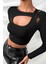 Marsilyan- Kadın Siyah Göğüs Dekolteli Çapraz Askılı Uzun Kollu Crop Top Bluz 1