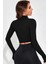Marsilyan- Kadın Siyah Uzun Kol Fermuarlı Parmak Geçme Detaylı Dik Yaka Crop Top Bluz 2