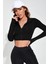Marsilyan- Kadın Siyah Uzun Kol Fermuarlı Parmak Geçme Detaylı Dik Yaka Crop Top Bluz 4