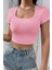 Marsilyan- Kadın Pembe Yarım Kol Düz Yaka Crop Top Bluz 1