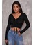 Marsilyan- Kadın Siyah Uzun Kollu Büzdürme Bağcık Detaylı Crop Top Bluz 1