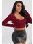 Marsilyan- Kadın Bordo Uzun Kol Kare Yaka Crop Top Bluz 5