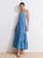 90570 Boyundan Bağlamalı Uzun Denim Elbise-Mavi 3