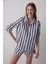 Çizgili Quinn Gömlek Yaka Uzun Kollu Şortlu Pijama Takımı 1