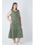 Yeşil Desenli Askılı Düğmeli Cepli Pamuklu Kadın Büyük Beden Elbise 2