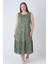 Yeşil Desenli Askılı Düğmeli Cepli Pamuklu Kadın Büyük Beden Elbise 3