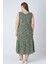 Yeşil Desenli Askılı Düğmeli Cepli Pamuklu Kadın Büyük Beden Elbise 6
