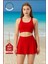 Kadın Alt-Üst Takım Şort & Sabit Pedli Üst Crop Deniz Havuz Sporda Swimsuit Kırmızı Takım 3107 4