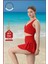 Kadın Alt-Üst Takım Şort & Sabit Pedli Üst Crop Deniz Havuz Sporda Swimsuit Kırmızı Takım 3107 7