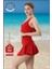 Kadın Alt-Üst Takım Şort & Sabit Pedli Üst Crop Deniz Havuz Sporda Swimsuit Kırmızı Takım 3107 8