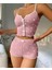 Kadın Pembe Kalpli Askılı Şortlu Pijama Takım 6654 4