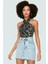 Fitted Crop Bluz Boyundan Bağlamalı Zebra Desenli Polyester Elastan Karışımı Günlük Stil 1