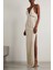 Uzun Saçaklı Pencereli Ince Askılı V Yaka Keten Maxi Kokteyl Uzun Doğal Keten Elbise 1