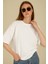 Kadın Beyaz Oversize Bisiklet Yaka %100 Pamuk Düz Basic Yazlık T-Shirt 3