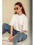 Kadın Beyaz Oversize Bisiklet Yaka %100 Pamuk Düz Basic Yazlık T-Shirt 2