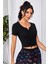 Marsilyan- Kadın Siyah Çift Fermuarlı Yarım Kol Crop Top Bluz 5