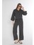 Boydan Düğmeli Keten Dokuma Siyah Boyuna Çizgili Pijama Takımı Flz 88-117 1