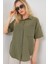 Kadın Kısa Kol Keten Görünümlü Gömlek 20336 - Haki 4