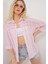 Kadın Çizgili Kısa Kol Gömlek 20344 - Pudra 4
