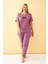 Akbeniz Kadın Mürdüm More Love Yazılı Büyük Beden Pijama Takımı 2