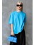 Süper Kalite Kadın %100 Pamuk Turkuaz Bisiklet Yaka Oversize Boyfriend T-Shirt 2
