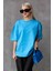 Süper Kalite Kadın %100 Pamuk Turkuaz Bisiklet Yaka Oversize Boyfriend T-Shirt 5