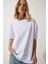 Süper Kalite Kadın %100 Pamuk Beyaz Bisiklet Yaka Oversize Boyfriend T-Shirt 1